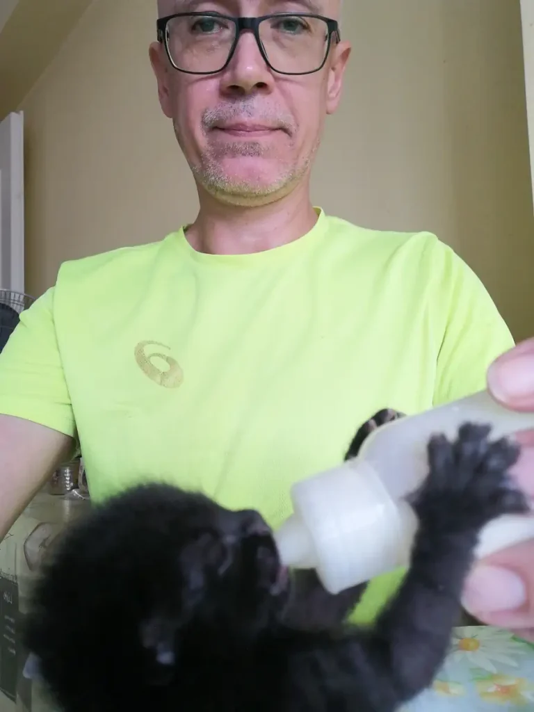 Bottle feeding Olive, hte abandoned newborn kitten [September 3].
